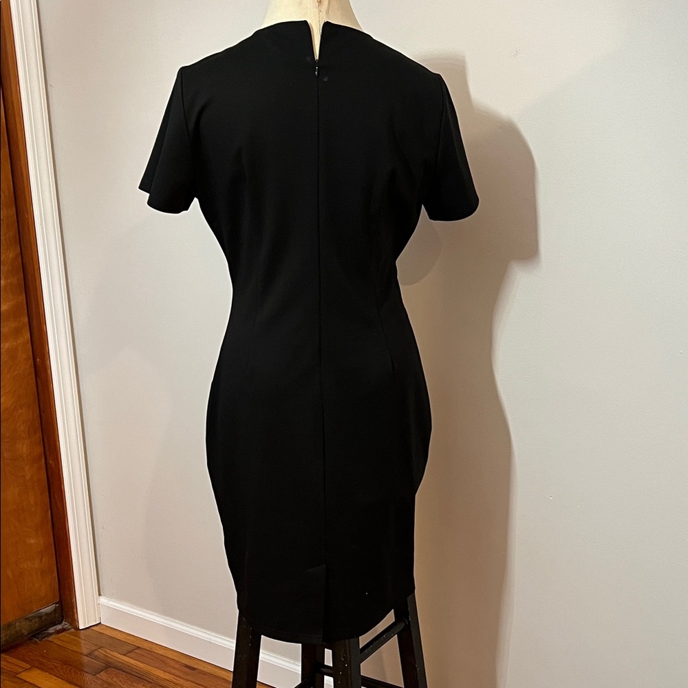 Black Short Sleeve Sheath Dress Round Neckline Velvet Accents Tailored Form Fit - Picture 7 of 9